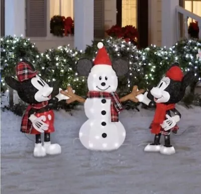 30” Christmas Mickey Minnie Mouse & Snowman Lighted Tinsel Yard Decor 3 Piece • $179.95