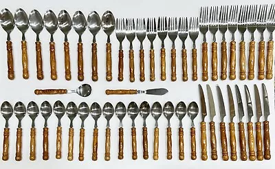 Vintage Old Homestead 1970's Silverware Flatware 50 Pieces Brown Wood Handle MCM • $56.99