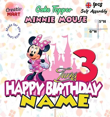 Personalised MINNIE MOUSE Cake Topper Name & Age Birthday Party Decoration New • £2.75