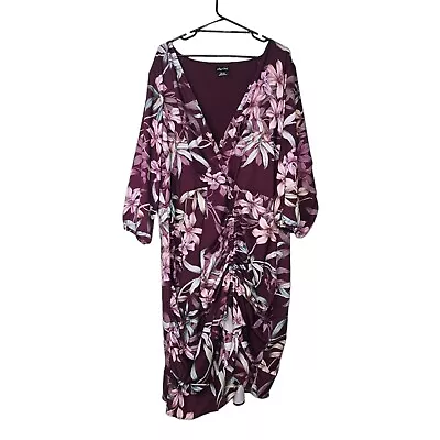 CITY CHIC 3/4 Sleeve Ruched Floral Dress Plus Size XXL / 24 Burgandy Ruffle • $31.30