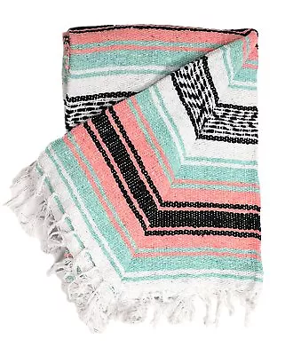 Mexican Blanket Mint Peach Black Serape Throw Mexican Yoga Boho Falsa Blanket XL • $14.89