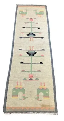 Handmade Vintage Wool Runner Rug Navajo Style Pictorial Multicolor 2'5 X 7'7 • £231.63