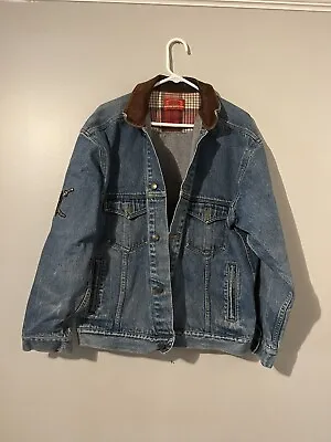 VTG 90’s Marlboro Country Store Denim Jacket Large Leather Trim Pirate Patch • $20