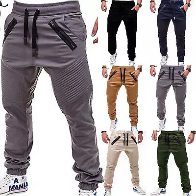 Mens Trousers Joggers Fitted Cuffed Elastic Waist Long Casual Slim Pants Bottoms • $30.26