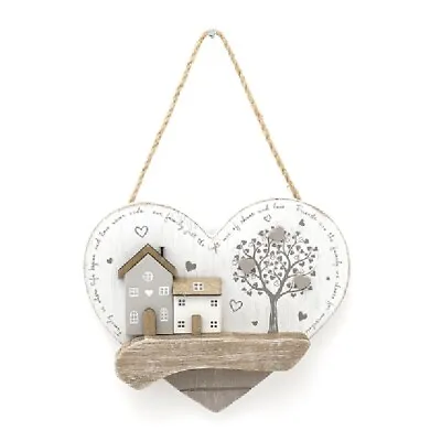 Adorable Wooden Heart Wall Hanging Plaque 3D Wood Houses Tree Design Home Gift • £7.44
