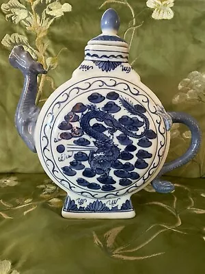 Vintage Porcelain Chinese Blue & White Dragon Teapot 9   • $40