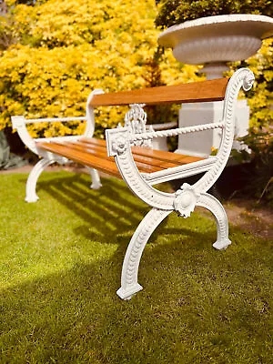 White Ornate Cast Iron And Oak Garden Bench • £1295