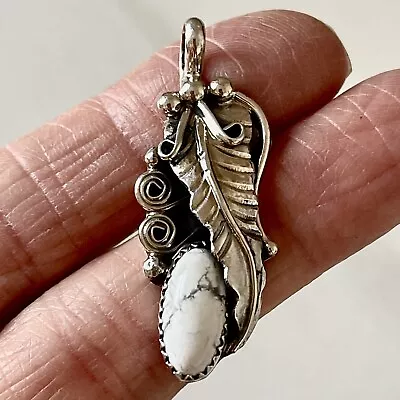 Long Navajo White Buffalo Pendant Sterling 925 Leaf Feather VTG Turquoise Signed • $54.94