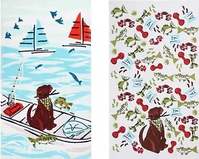 2 DIFFERENT PRINTED TERRY TOWELS (15 X26 ) SUMMER DOG ON THE BOAT & FISH KO • $14.99