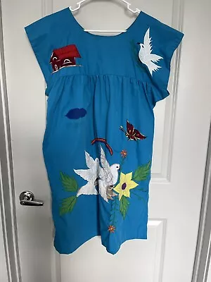 VTG Muumuu Mexican Blue Embroidered Floral Bird Fiesta Dress Midi Size Medium • $24.95