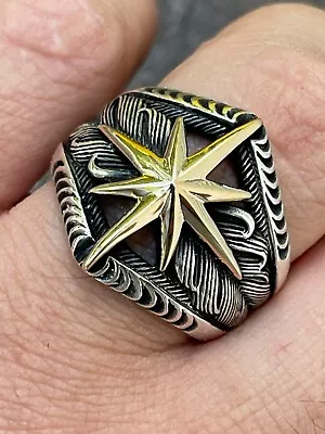 Real 925 Sterling Silver & 10k Gold Plated Nautical Compass Star Ring Sizes 7-13 • $51.19