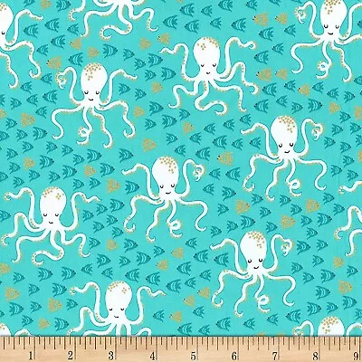 Nautical Fabric - Octopus & Fish Aqua Blue  - Michael Miller YARD • $10.97