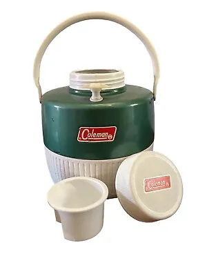 Vintage Coleman 1 Gallon Green & White Water Cooler Jug With Lid Cup USA 1974 • $14