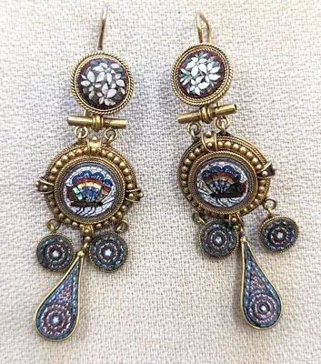 Antique Micro Mosaic/Millefiori  Gold  Butterfly Earrings • $500