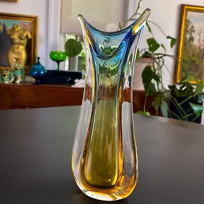 Vintage Flavio Poli Sommerso Murano Italian Art Glass Vase Blue Yellow 9  • $138