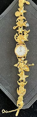 Kirks Folly Gold Tone Moon Phase Celestial Crystal Charm Bracelet Watch Vintage • $200