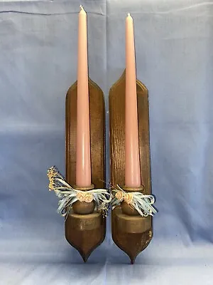 2 Vintage Wooden Wall Sconce Taper Candle Holders Candles Included • £17.35