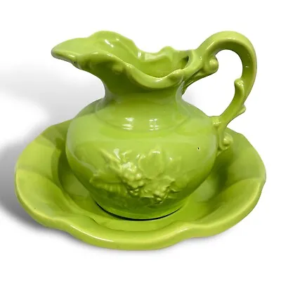 Vintage McCoy Pottery Pitcher & Basin Wash Bowl Set Lime Green Gravy Water • $15.99