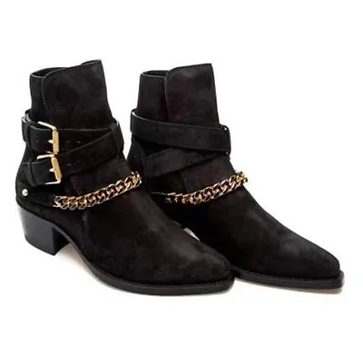 Mens Buckle Chelsea Ankle Boots Real Suede Leather Shoes Pointed Toe Nightclub 9 • $210.59