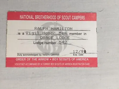 Osage OA Lodge 42 1991 Vigil Honor Membership Card BSA Paperwork • $11.99