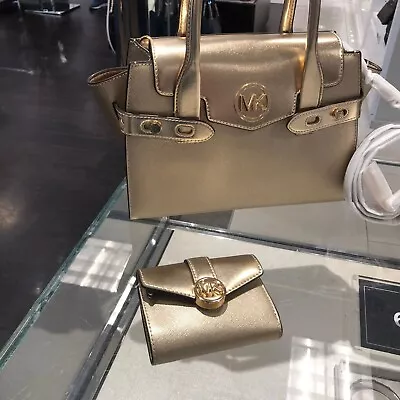 Michael Kors Carmen Satchel Crossbody Handbag Purse Bag + Bifold Wallet In Gold • $137.60