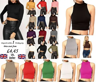 Ladies Womens Long Sleeve Crop Top Polo Turtle  Roll Neck T Shirt Jumper • £5.90