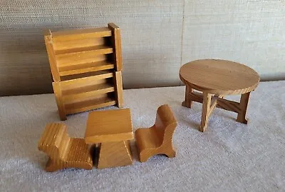 Vintage German Wood Doll House Furniture   Bookshelf Table And Chairs • $19.95