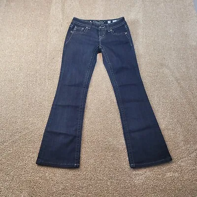 Miss Me Jeans 25x31  Womens Buckle Mid Rise Boot Cut Dark Wash Pocket Flap • $24.99