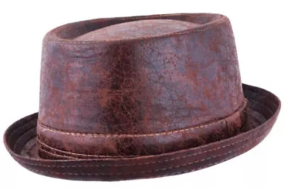 Maz Cracked Leather Look Distressed Vintage Pork Pie Hat - Brown • $17.95