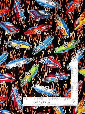 Race Car Hot Rod Cars Flames Fabric Cotton Timeless Treasures C1109 By Yard • $10.98