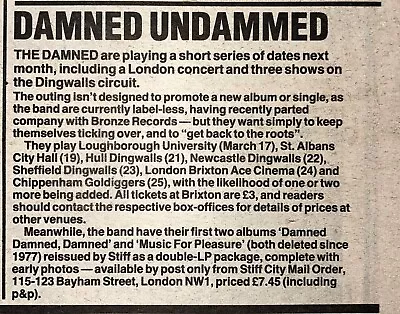 The Damned - Nme Clipping - Uk Tour March 1983 • £2.99