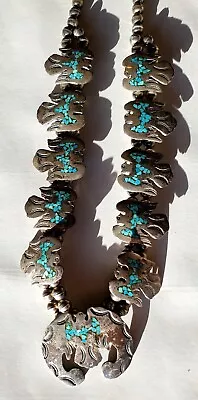 Turquoise Sterling Silver Navajo Necklace Peyote Bird Squash Blossom Vintage... • $950