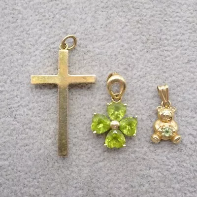 14ct 9ct Gold Pendants X3 - Peridot Flower Bear And Cross • £39.99