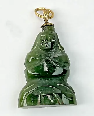 Vintage Carved Jade Buddha Pendant Charm Gold Filled Jadeite 1  Tall Green • $22.99