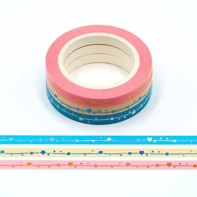 3 Rolls Pink Blue Yellow Shooting Stars Washi Tape 5mm Gold Foil Embossing 10m • £3.74