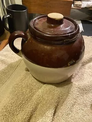 Vintage 2 Qt. Crock Brown Double~Dipped Bean Pot  Single~Handle With Lid! EUC • $15