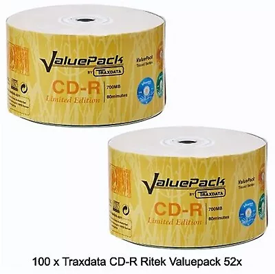 100 X Traxdata CD-R Ritek Valuepack 52x 700MB 80min Non-Printable Logo Shrinks • £16.90