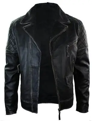 Vintage Style Mens Motorcycle Distressed Black Biker Leather Jacket • $35.61