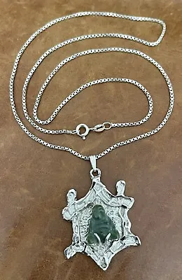 Vintage Chinese Carved Green Jade Buddha Sterling Silver Pendant Necklace 22” In • $80