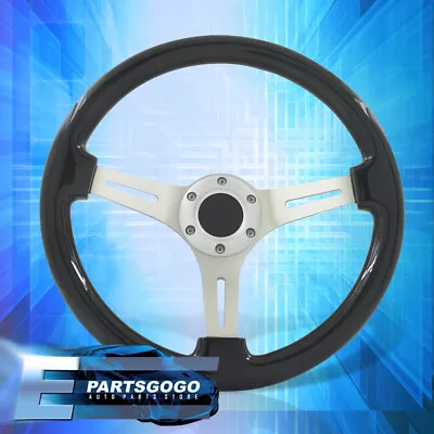 Universal 350mm 14inch Black Wood Silver Deep Dish Steering Wheel 6 Bolts Button • $53.99