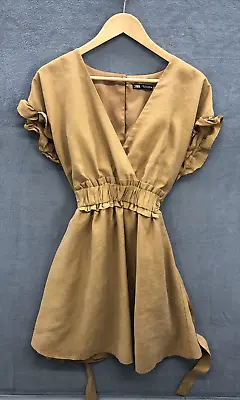 Zara Dress Size Large Camel Ruffle Sleeve Side Ties Deep V Neck Lined Silk Feel • $18.10