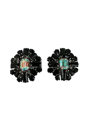 Vintage Weiss Black And Aurora Clip Earrings 50s 60s Crystal • £38.60