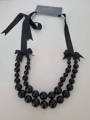 New Miss Selfridge 2 Stranded Black Beads Beaded Self Ribbon Tie Bow Necklace • £29.99