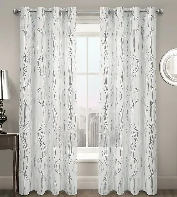 Swirl Ripple Effect Voile Curtain Eyelet Panel White Gold Silver Voile Net Panel • £6.50