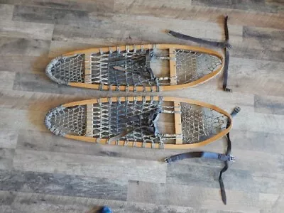 Vintage Wood & Leather Snowshoes - 36  Long 10  Wide - Leather Bindings RARE! • $79.99