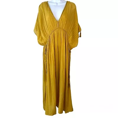 Zara Kaftan Dress S XS Goldenrod Yellow Midi Cotton Oversized Boho Lagenlook • $34.99