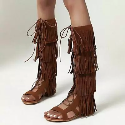 Womens Flat Summer Boots Shoes Roma Lace Up Tassel Knee High Gladiator Sandals • $56.72