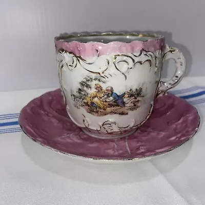 Made In  Germany Porcelain Mustache Cup & Saucer With Pink & Gold • $24.99