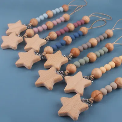 £4.02 • Buy Star Shape Wooden Dummy Clips With Silicone Bead Pacifier Chain Strap Baby Gift 