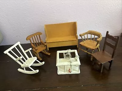 Lot Of 6 Vintage Wooden Dollhouse Furniture Rocking Chairs Baby Crib Bench • $20